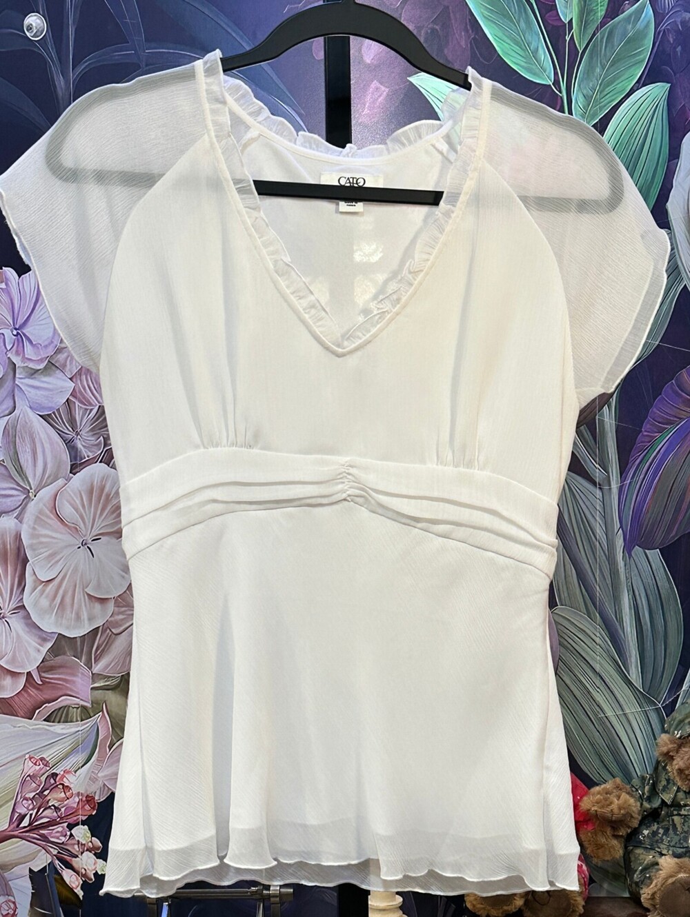 Cato 6 White Romantic Soft Girl Peplum Blouse V-Neck Cap Sleeve